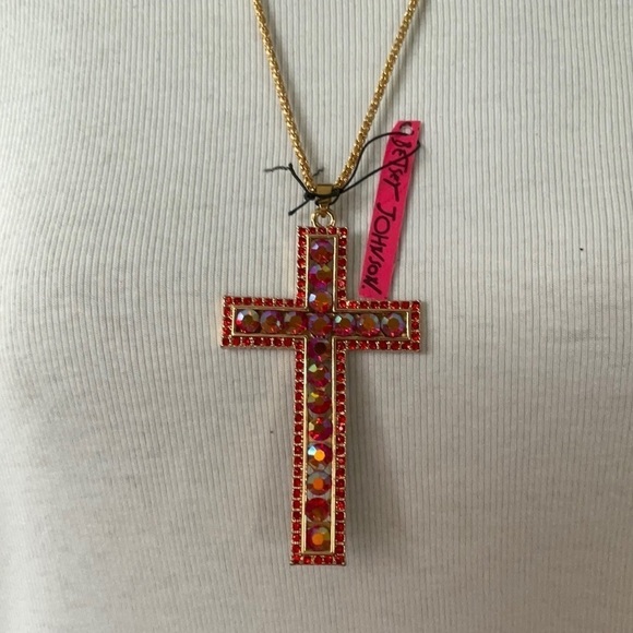 BETSEY JOHNSON STUNNING RED RHINESTONE CROSS - Picture 1 of 3